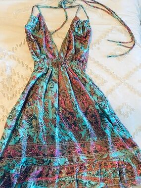 Paisley Backless Halter Dress in Teal and Pink